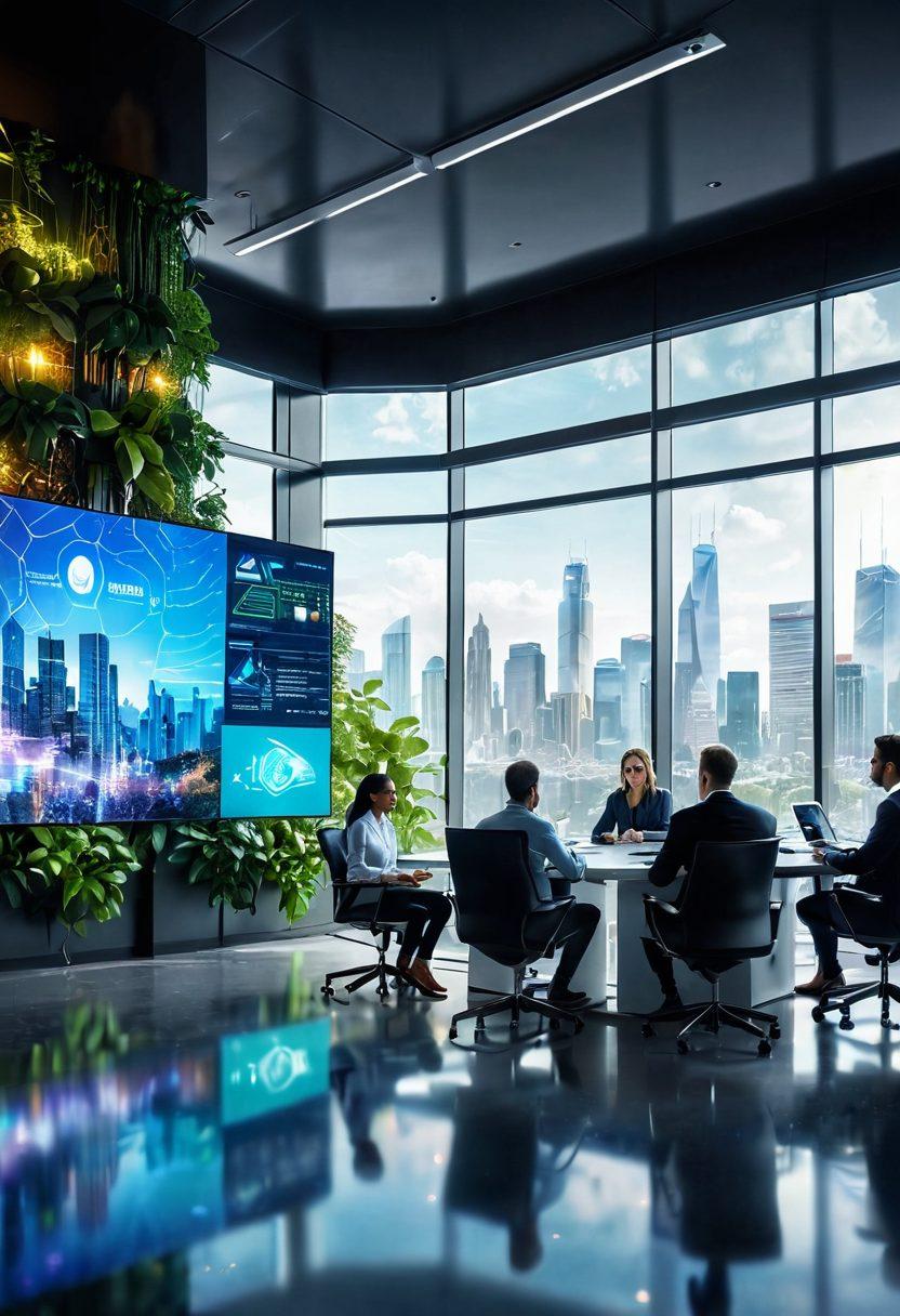 A futuristic office setting with a diverse team of professionals engaged in a dynamic brainstorming session, surrounded by holographic displays showcasing data analytics and AI technologies. Bright and open space with greenery and advanced tech elements, reflecting innovation and collaboration. The background features city skyline through large windows, symbolizing growth and opportunity. super-realistic. vibrant colors. 3D.