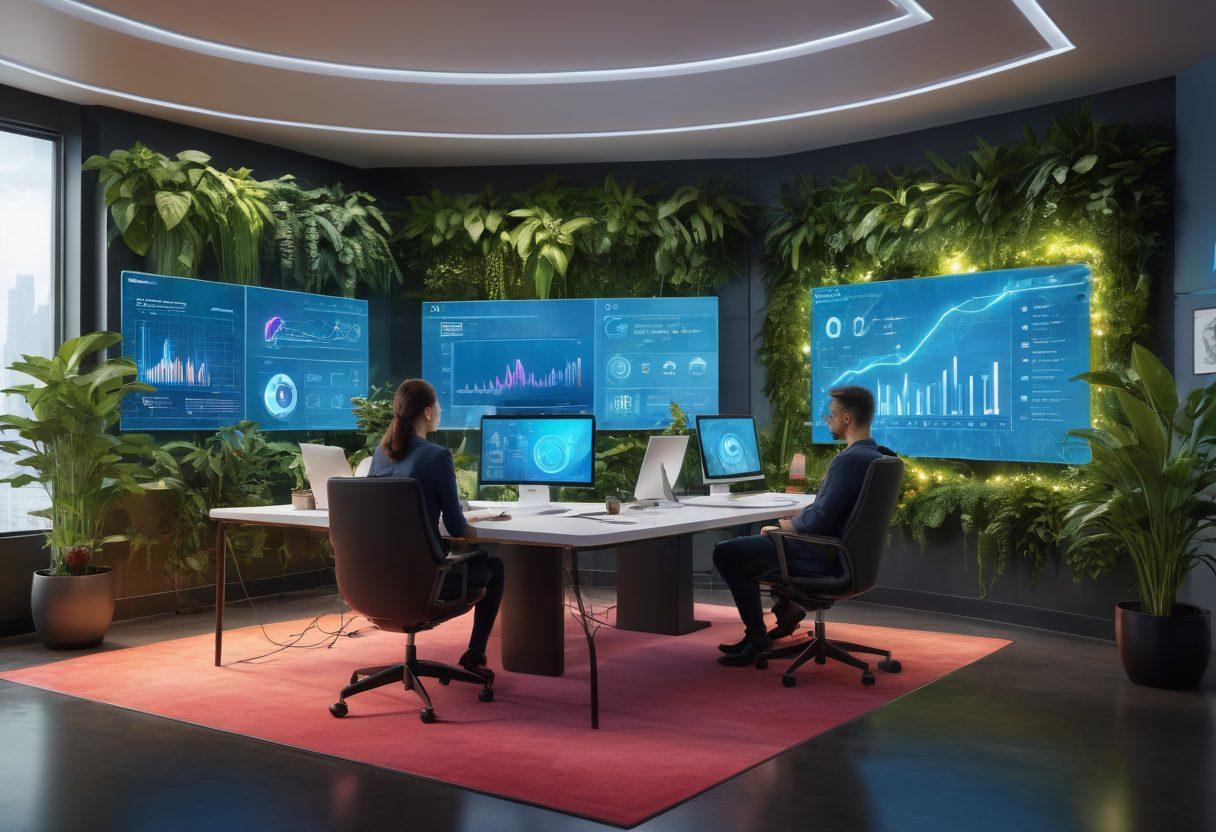 A futuristic office space with diverse professionals collaborating around a digital screen displaying growth charts and strategies. Emphasize a vibrant, tech-driven atmosphere filled with plants symbolizing growth. Include elements of innovation like AI, virtual reality headsets, and holograms showcasing company expansion. super-realistic. vibrant colors. modern design.