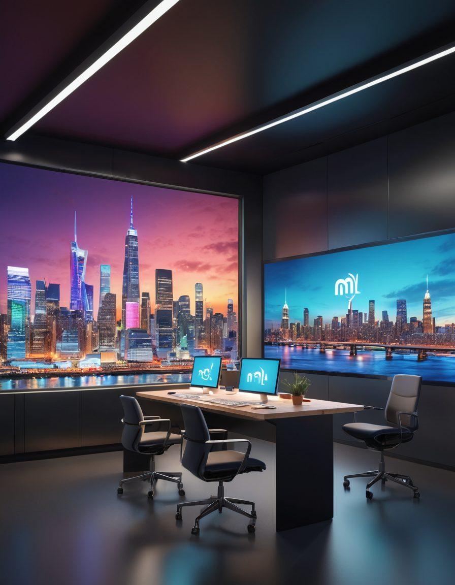 A sleek, modern workspace featuring futuristic tools and digital resources, highlighting the Myncl logo on a prominent screen. Lively interactions between diverse professionals using innovative technology, with a backdrop of a vibrant city skyline. Emphasize collaboration, growth, and transformation with an uplifting atmosphere. super-realistic. vibrant colors. 3D.